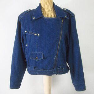 Vtg Brett Harrison Womens S Blue Denim Jean Biker LS Jacket Y2K 90s Zip Sleeve